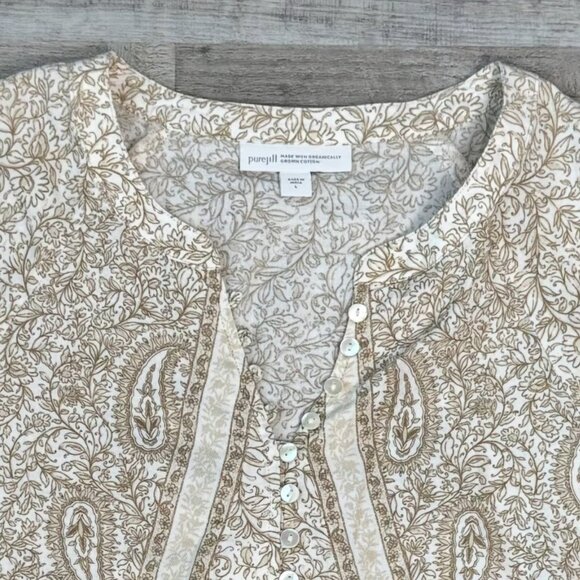 J Jill Pure Jill beige paisley floral 3/4 sleeve top button detail size large Q8 - Picture 6 of 6